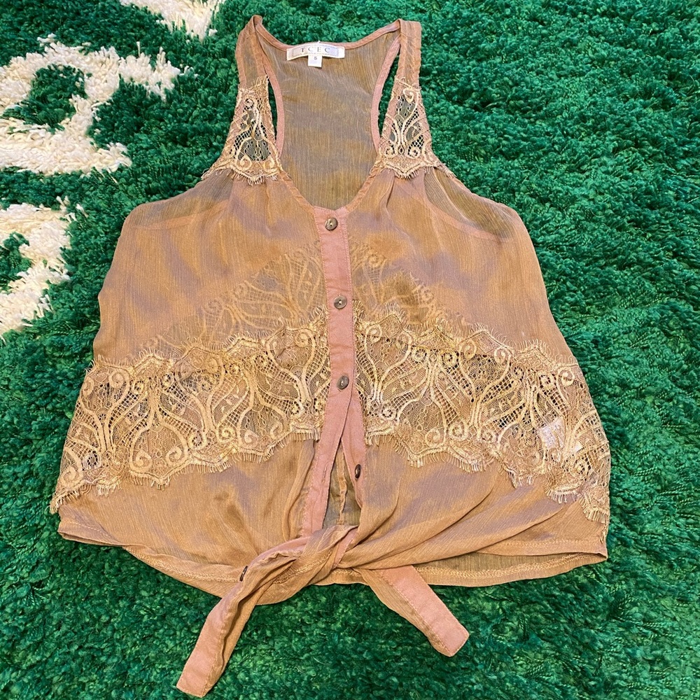 TCEC - Tan Sheer & Lace Button Up Blouse